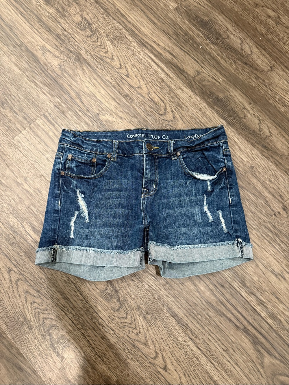 Cowgirl Tuff Blue Distressed Rolled Hem Denim Shorts
